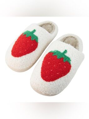 Katydid Cream Slip-On Slippers with Red & Green Strawberry Applique